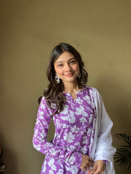 Cotton  A-line Kurti with pockets, comfy pant, and dupatta