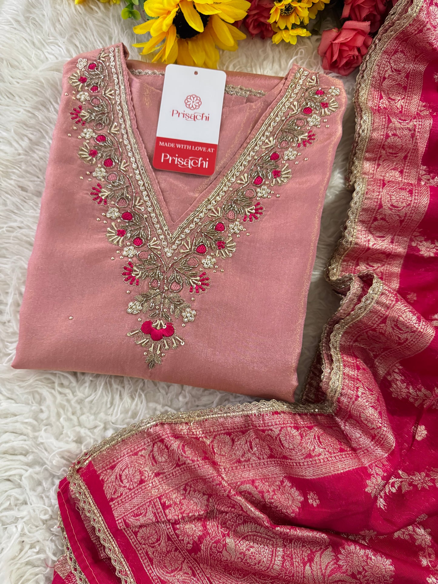 Pink embroidered kurta set with dupatta