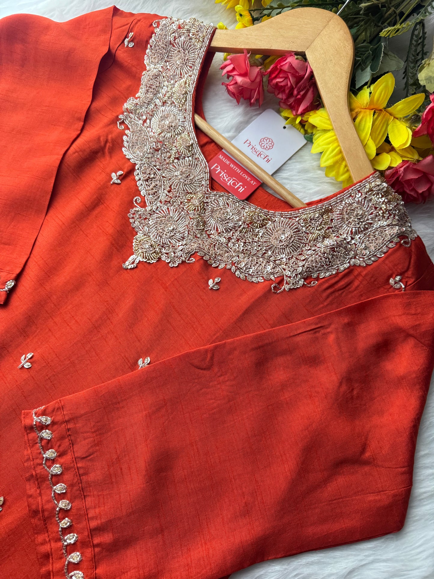 Red Embroidered kurta Pant with dupatta - Prisachi Official