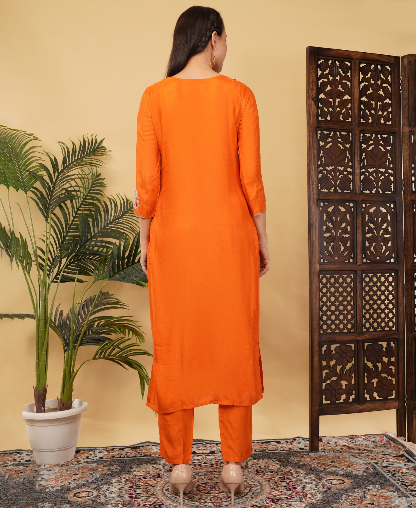 Orange Designer Embroidered Ethnic Kurta Set with Pant & Dupatta - Prisachi Official