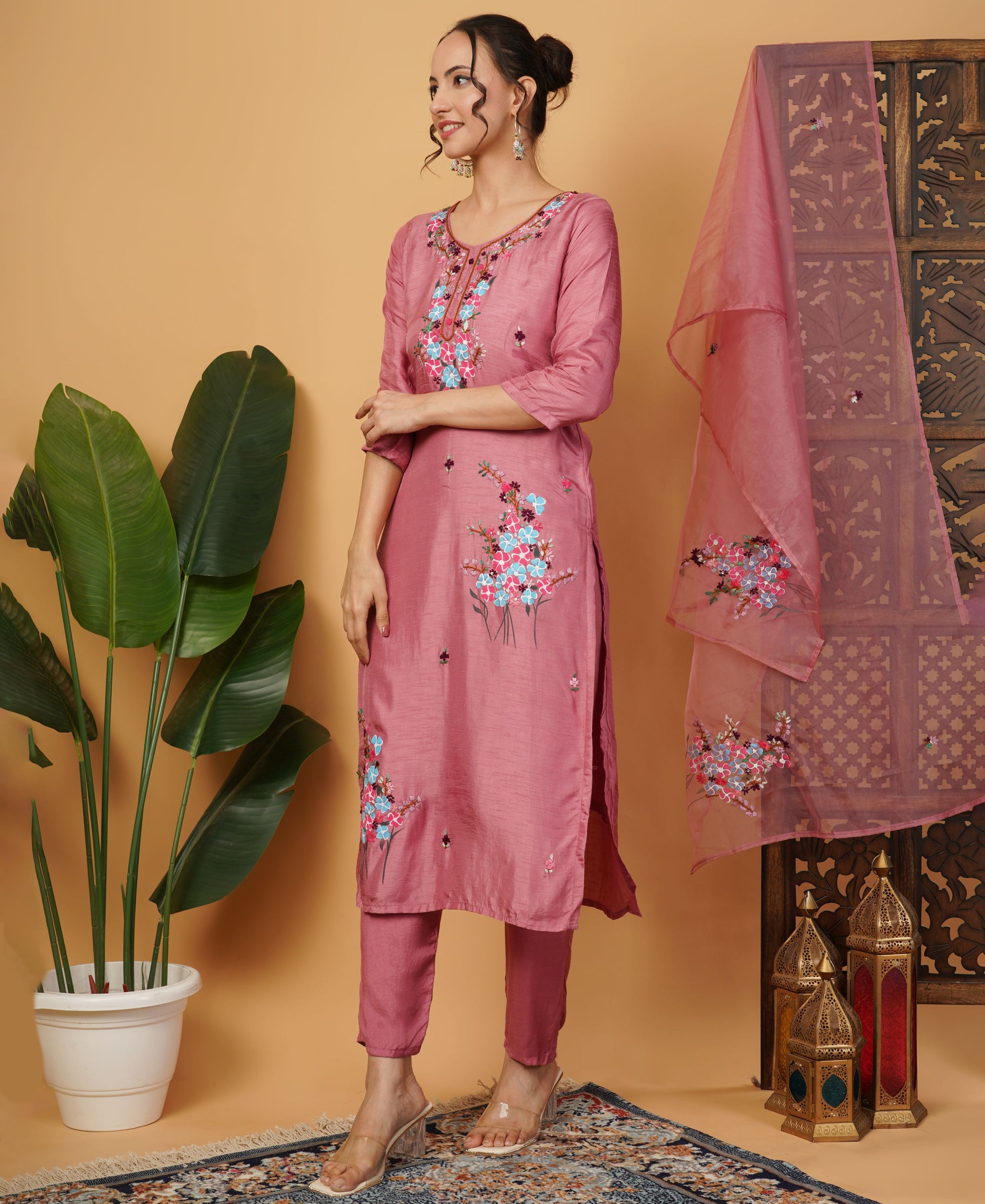 Pink Designer Embroidered Ethnic Kurta Set with Pant & Dupatta - Prisachi Official
