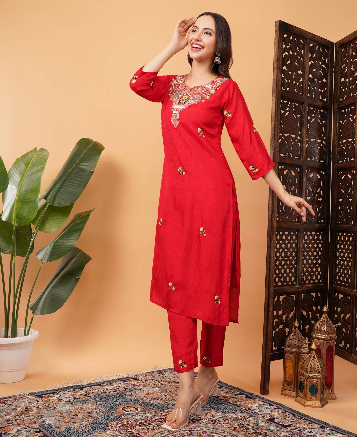 Red Designer Embroidered Ethnic Kurta Set with Pant & Dupatta - Prisachi Official