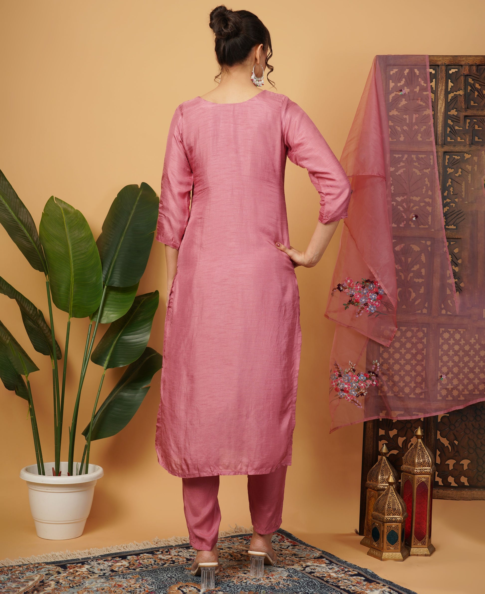 Pink Designer Embroidered Ethnic Kurta Set with Pant & Dupatta - Prisachi Official