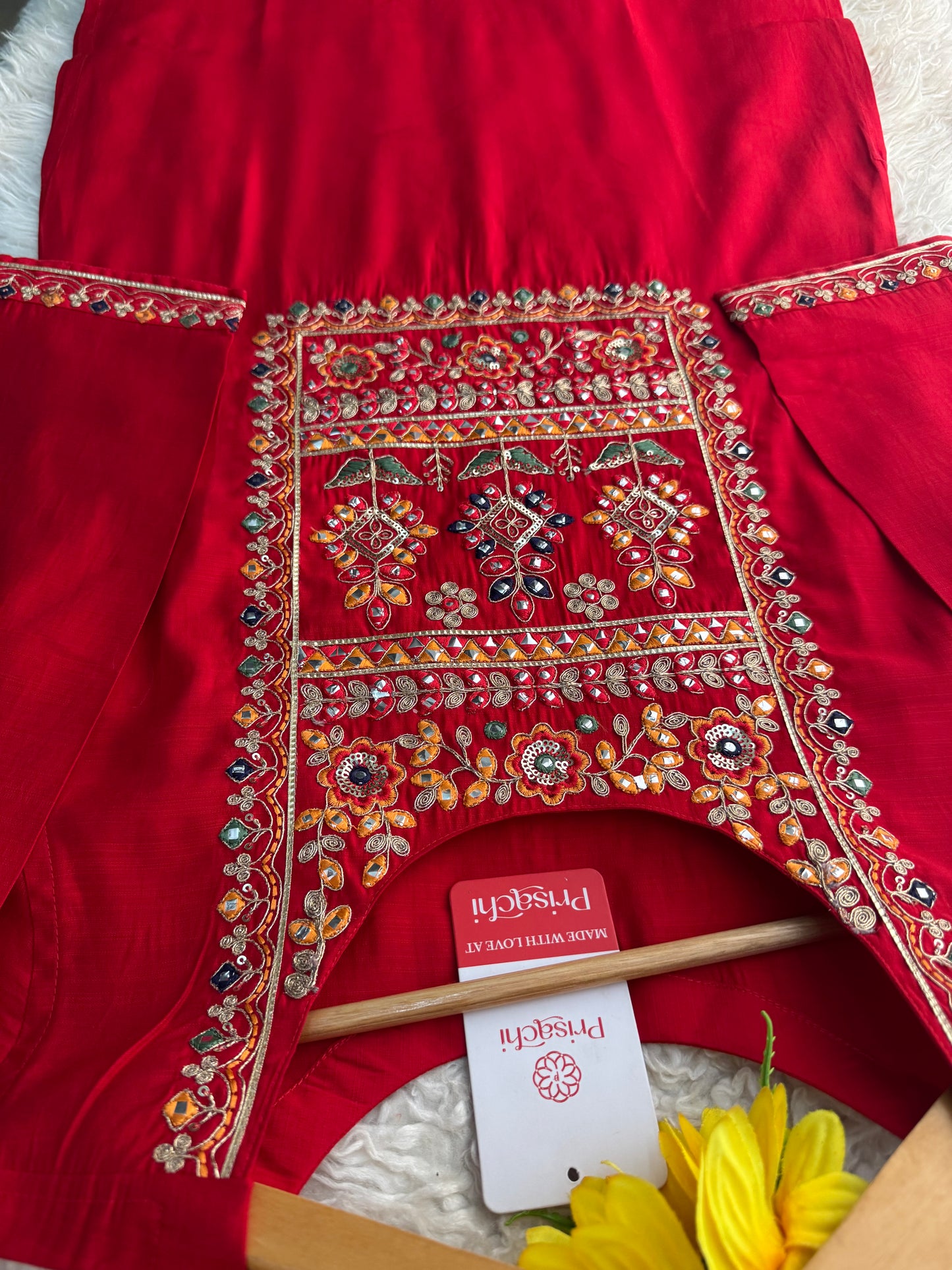 Red embroidered kurta set with dupatta