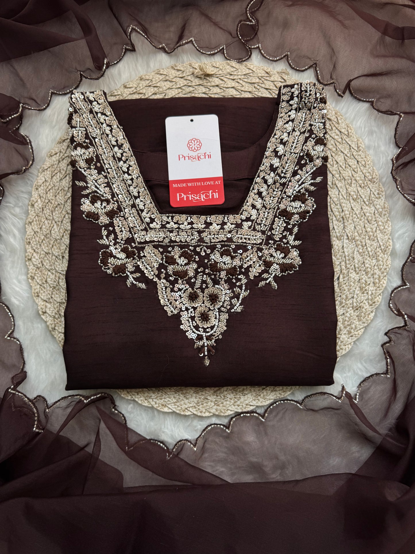 Brown hand embroidered kurta pant with dupatta - Prisachi Official