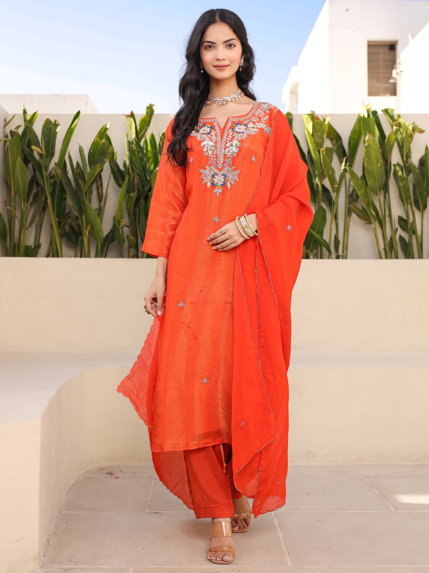 Orange Embroidered Kurta Set With viscous Dupatta