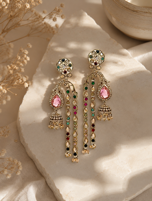 Gold-Plated Multicolor Kundan & Pink Stone Earrings for Women