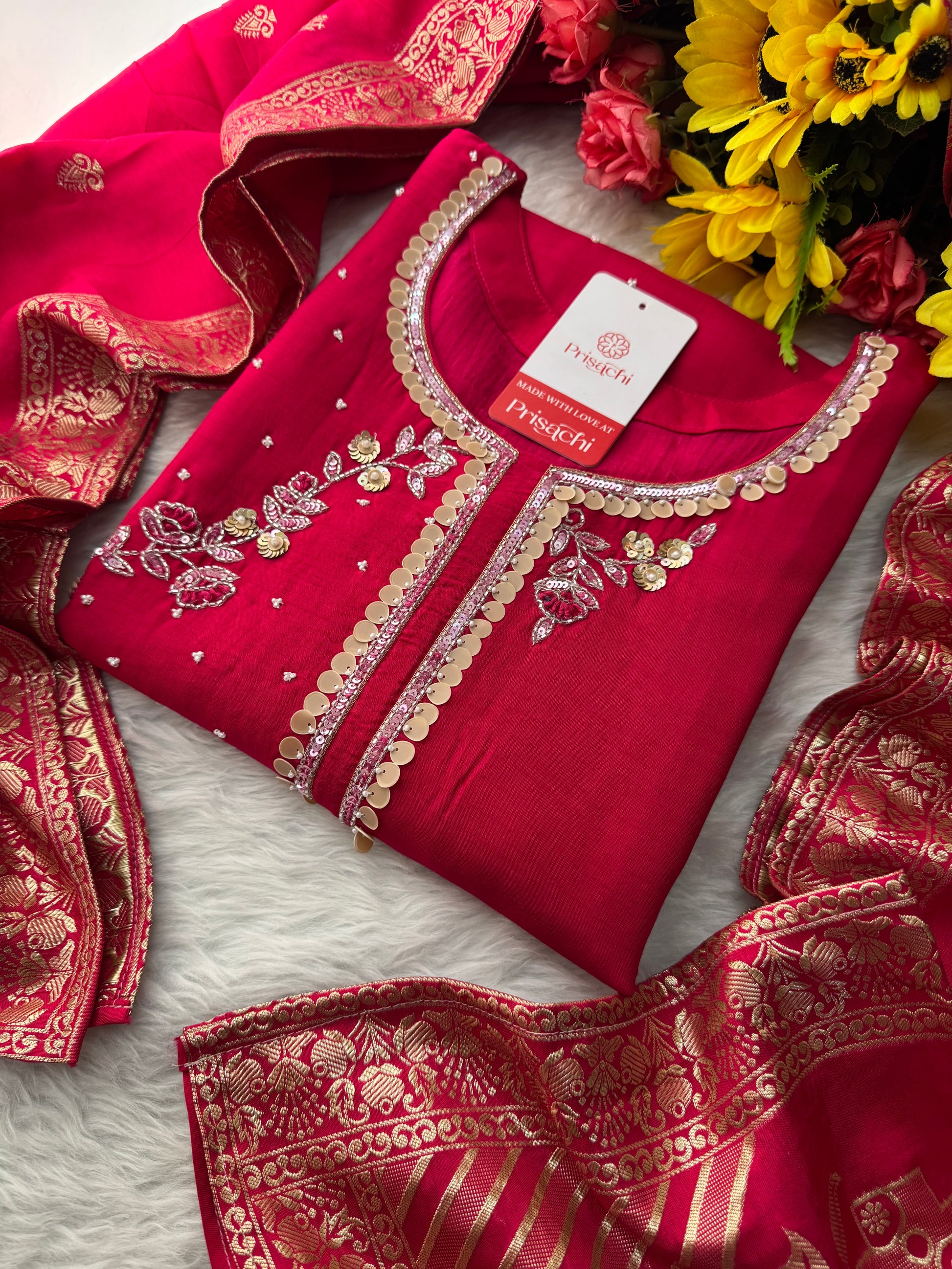 Pink Designer Embroidered Ethnic Kurta Set with Pants & Floral Dupatta - Prisachi Official