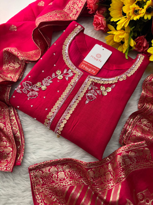 Pink Designer Embroidered Ethnic Kurta Set with Pants & Floral Dupatta - Prisachi Official