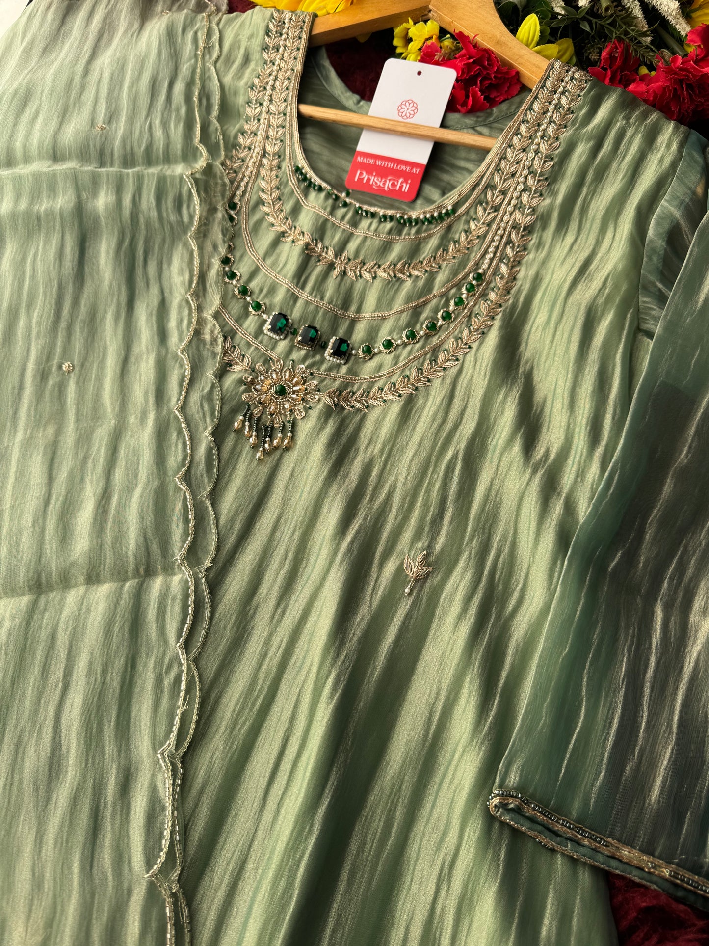 Green embroidered kurta set with dupatta