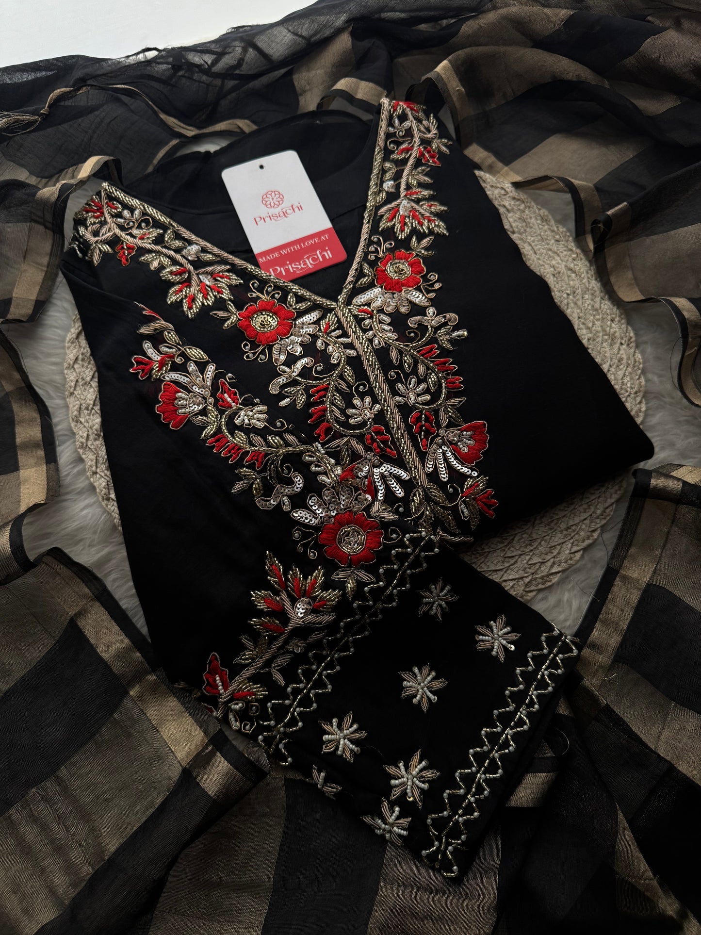 Black Embroidered Ethnic Kurta Set for Women with Pants & Dupatta