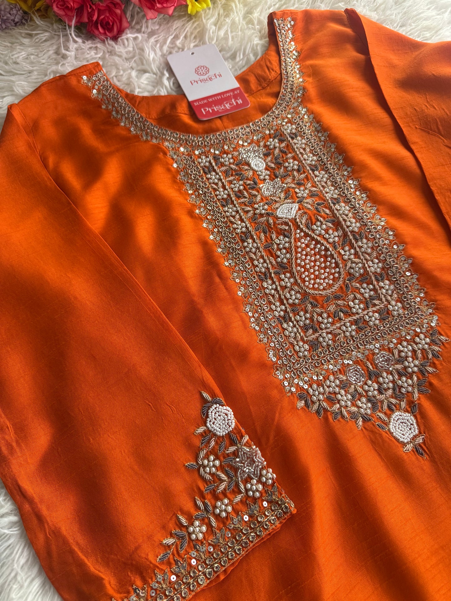 Orange  Designer embroidered kurta set with dupatta