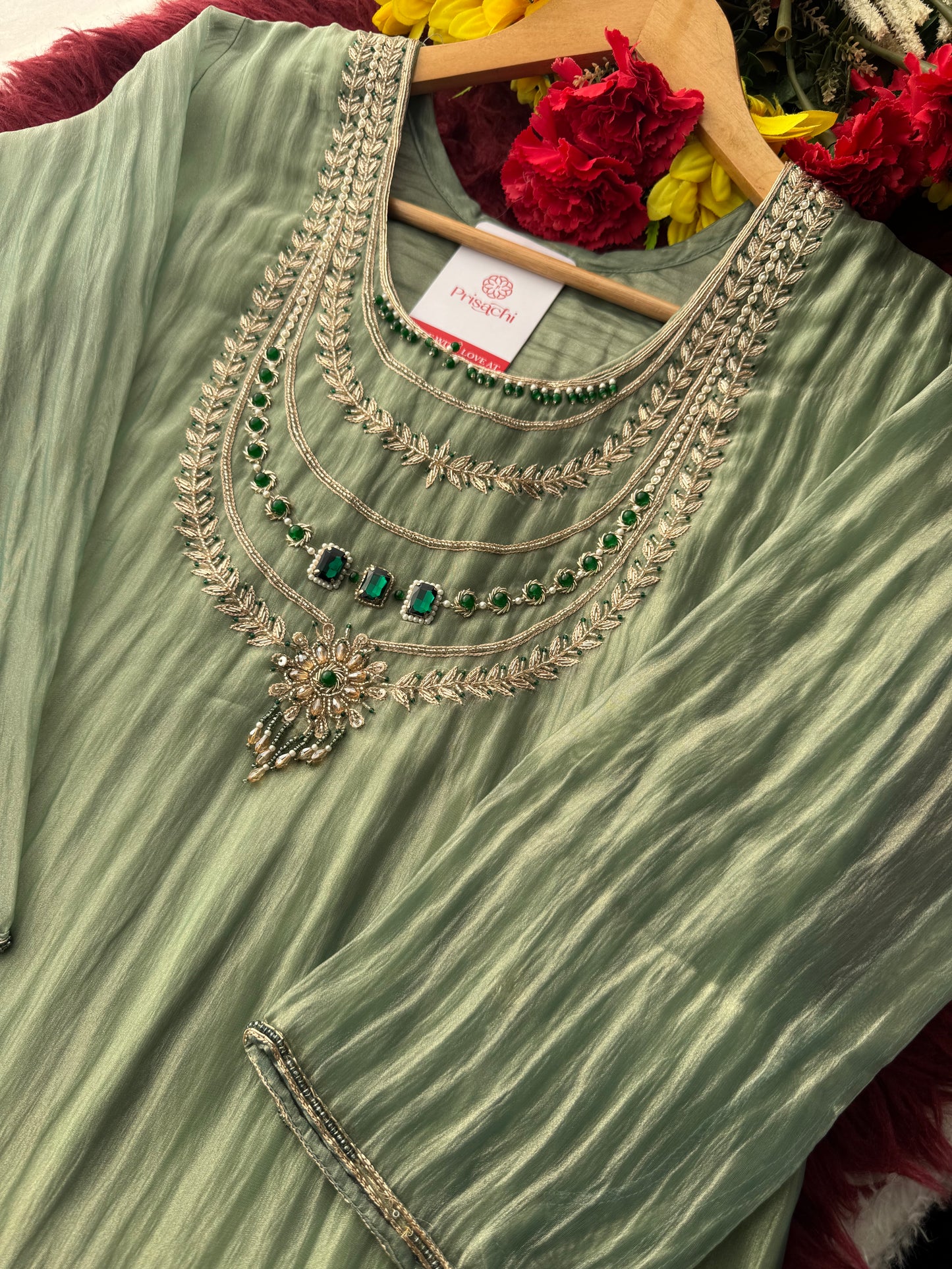 Green embroidered kurta set with dupatta
