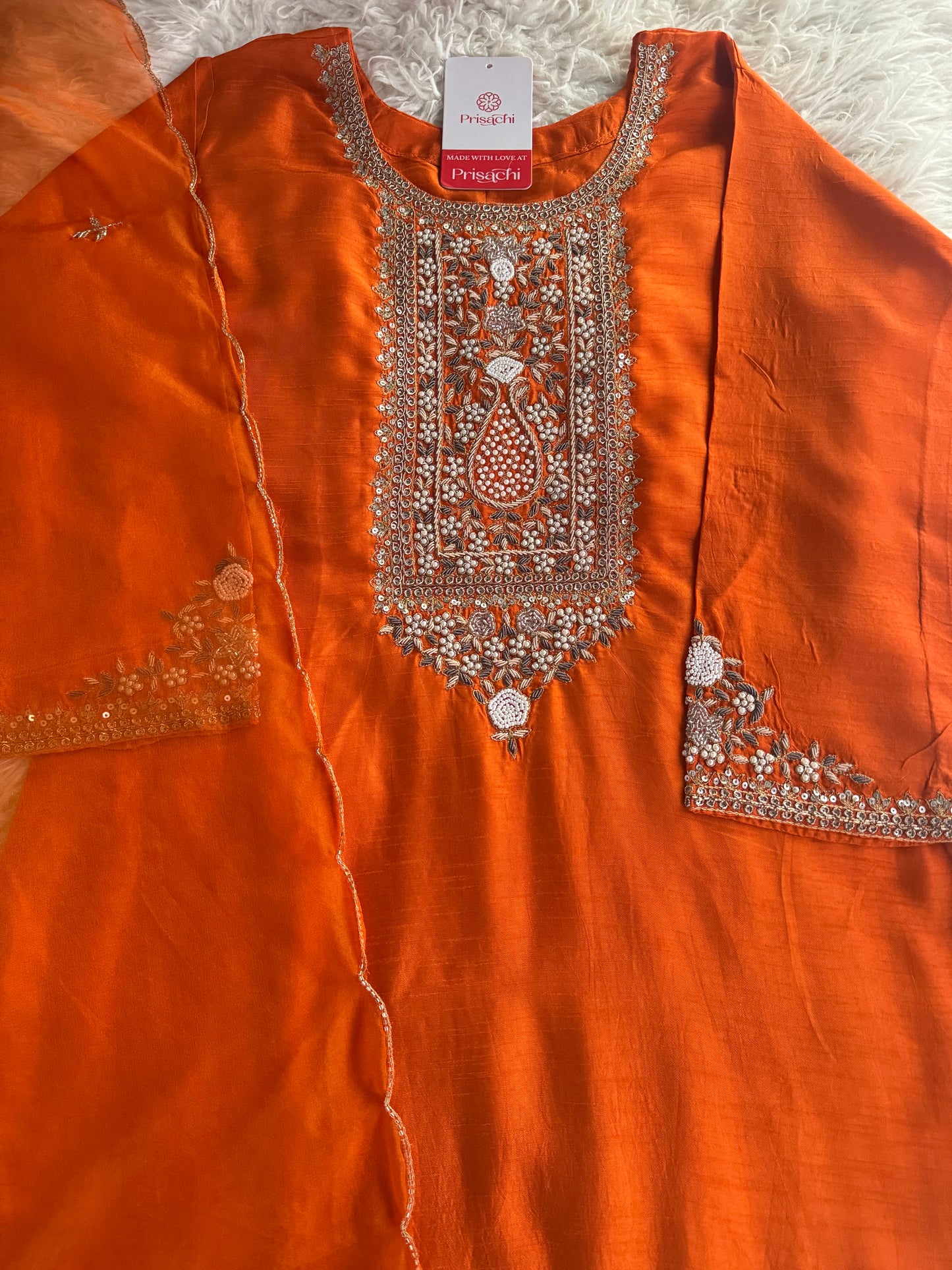 Orange  Designer embroidered kurta set with dupatta