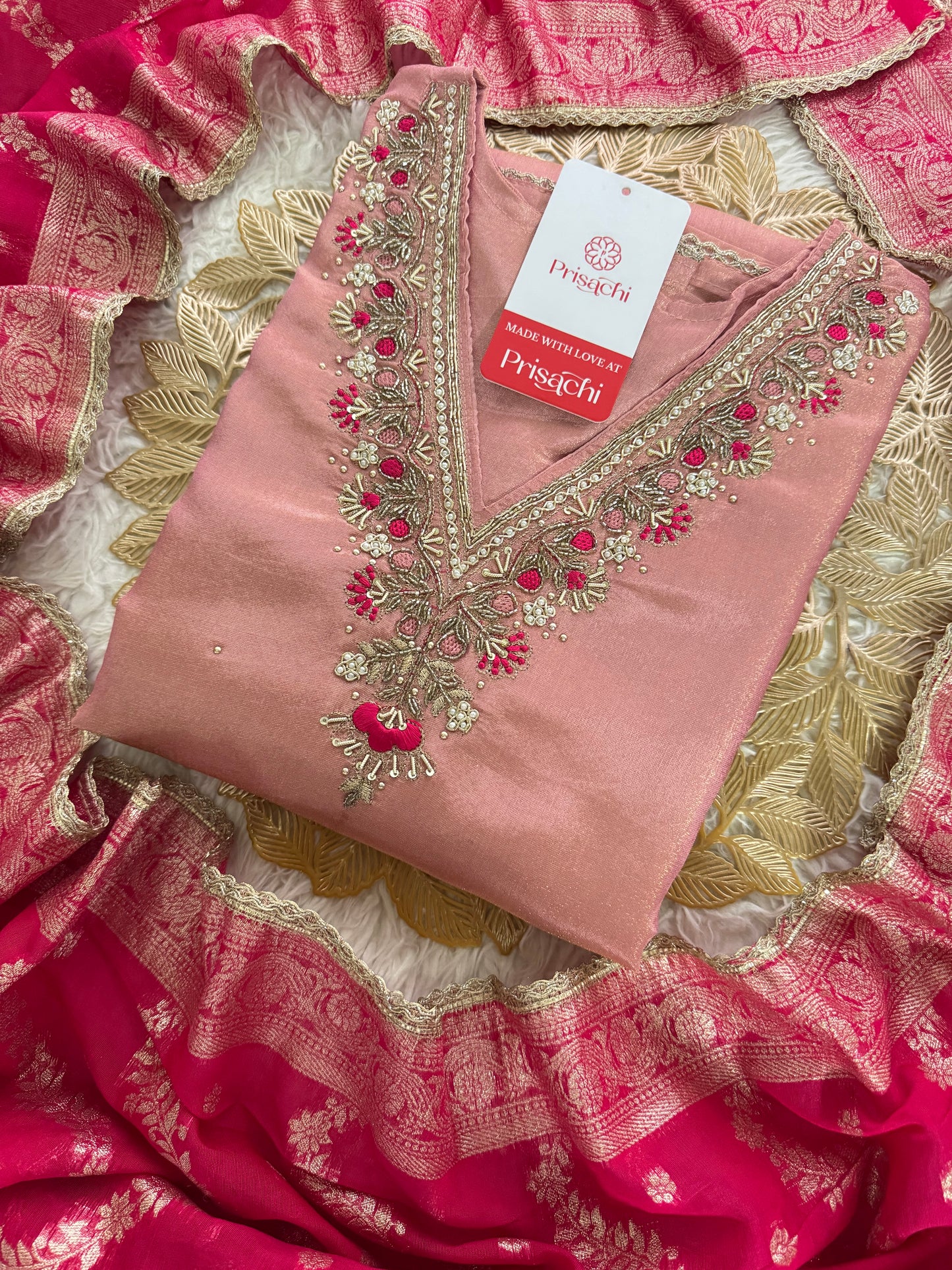 Pink embroidered kurta set with dupatta