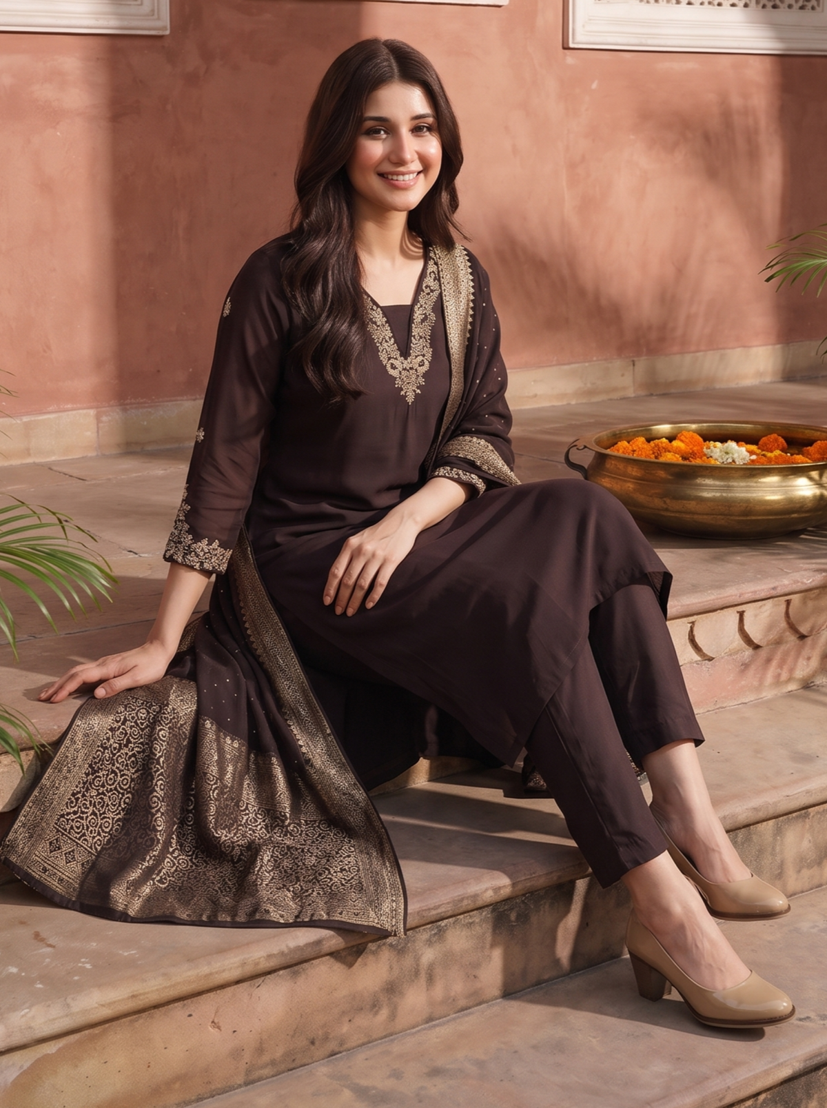 Brown Zardozi Embroidered Kurta Set with Banarasi Dupatta & Pants | Designer Festive Ethnic Suit