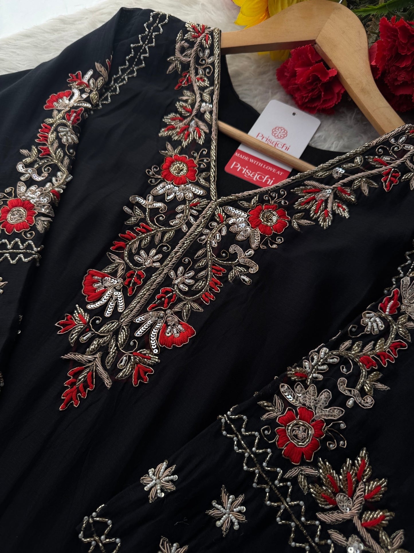 Black Embroidered Ethnic Kurta Set for Women with Pants & Dupatta