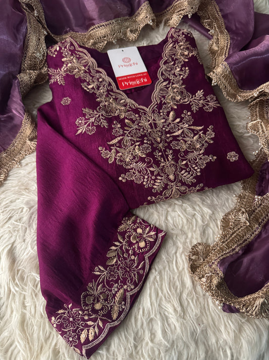 Women Wine Designer Embroidered Kurta set with dupatta with Pant