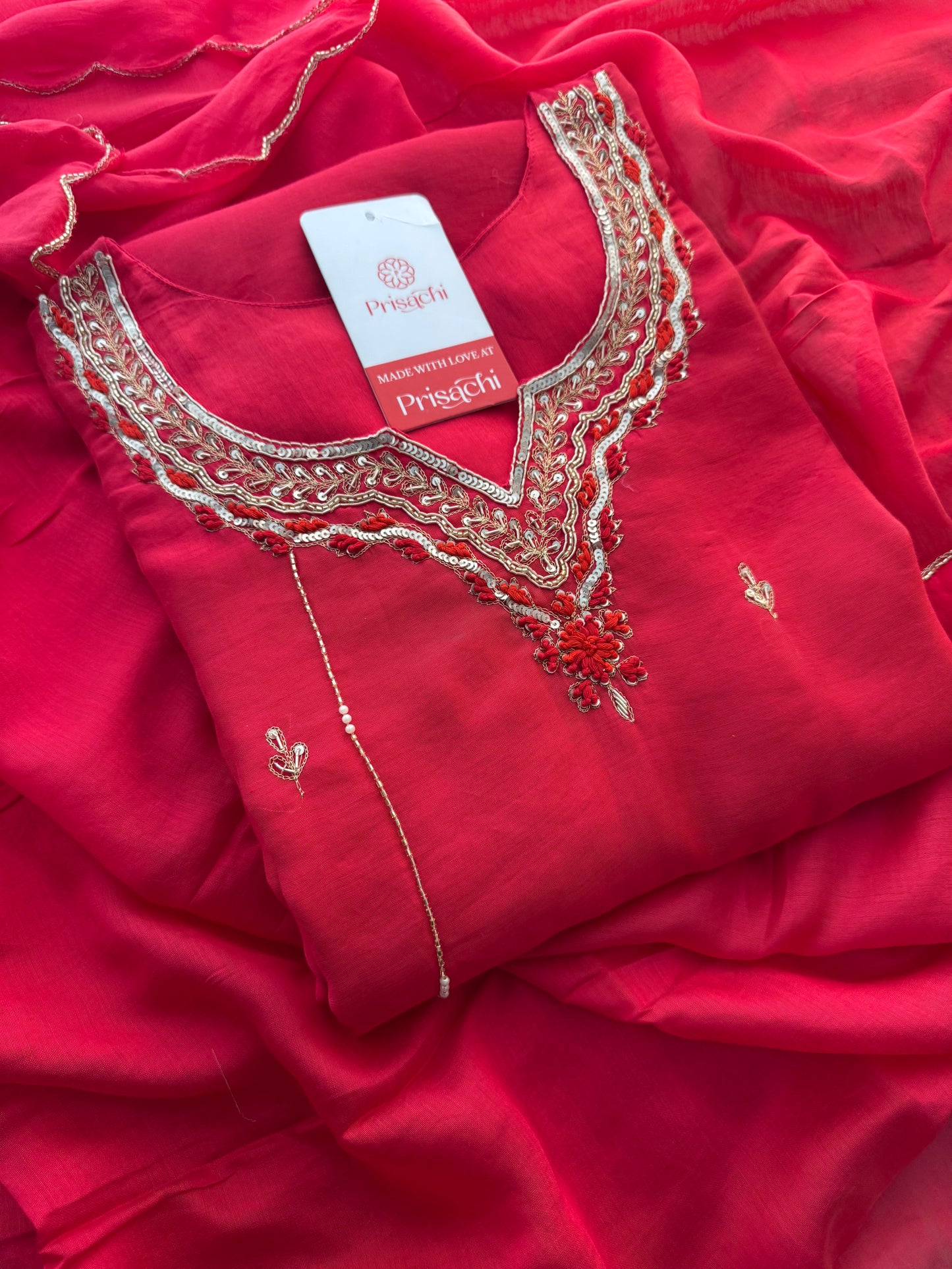 Pink Embroidered A-Line kurta set with dupatta and Pant - Prisachi Official