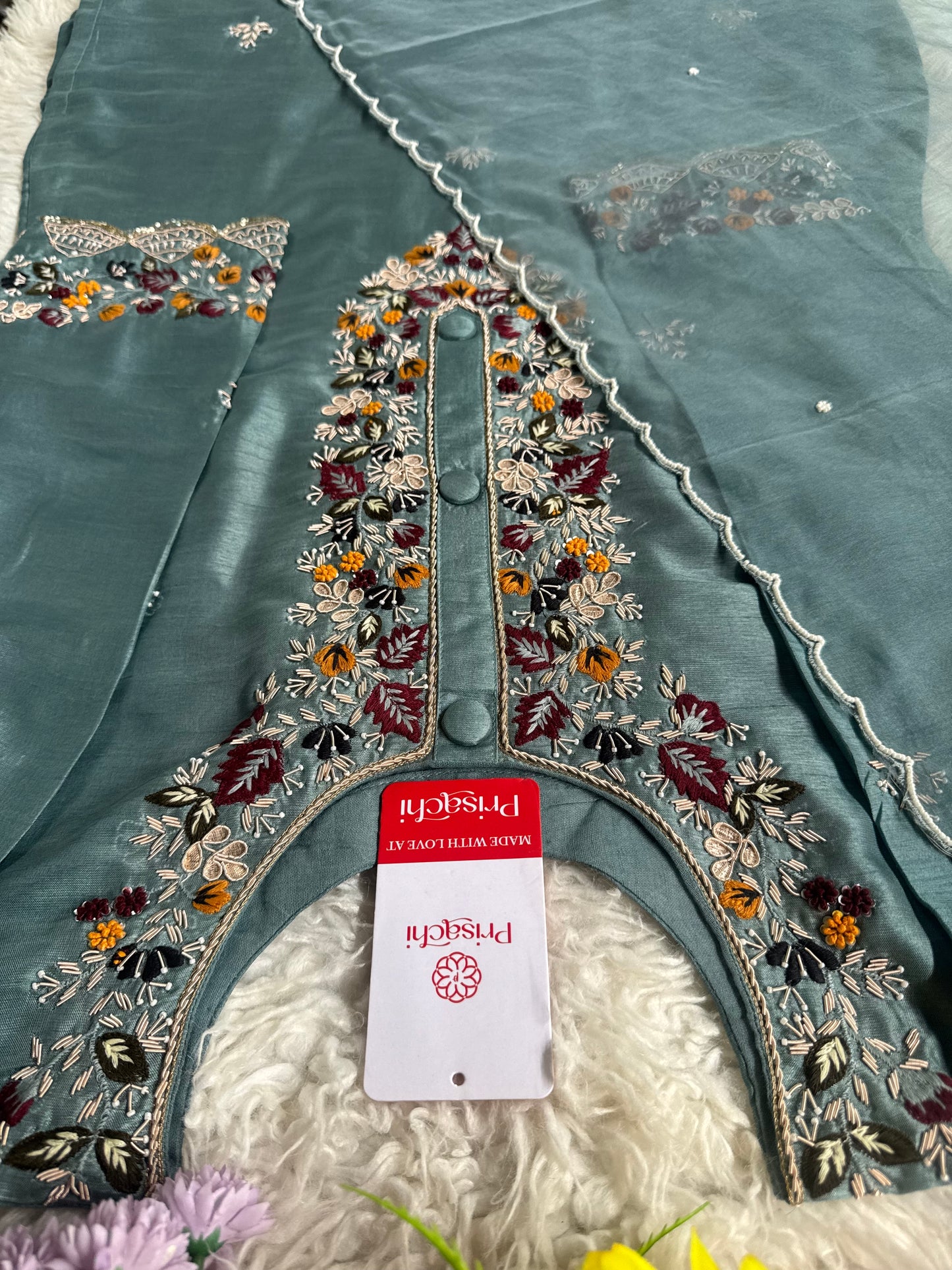 Sky blue Handwork kurta Pant  with dupatta