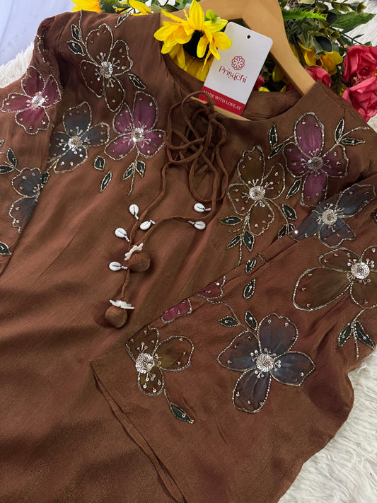 Brown hand embroidered A Line  kurta pant  with dupatta