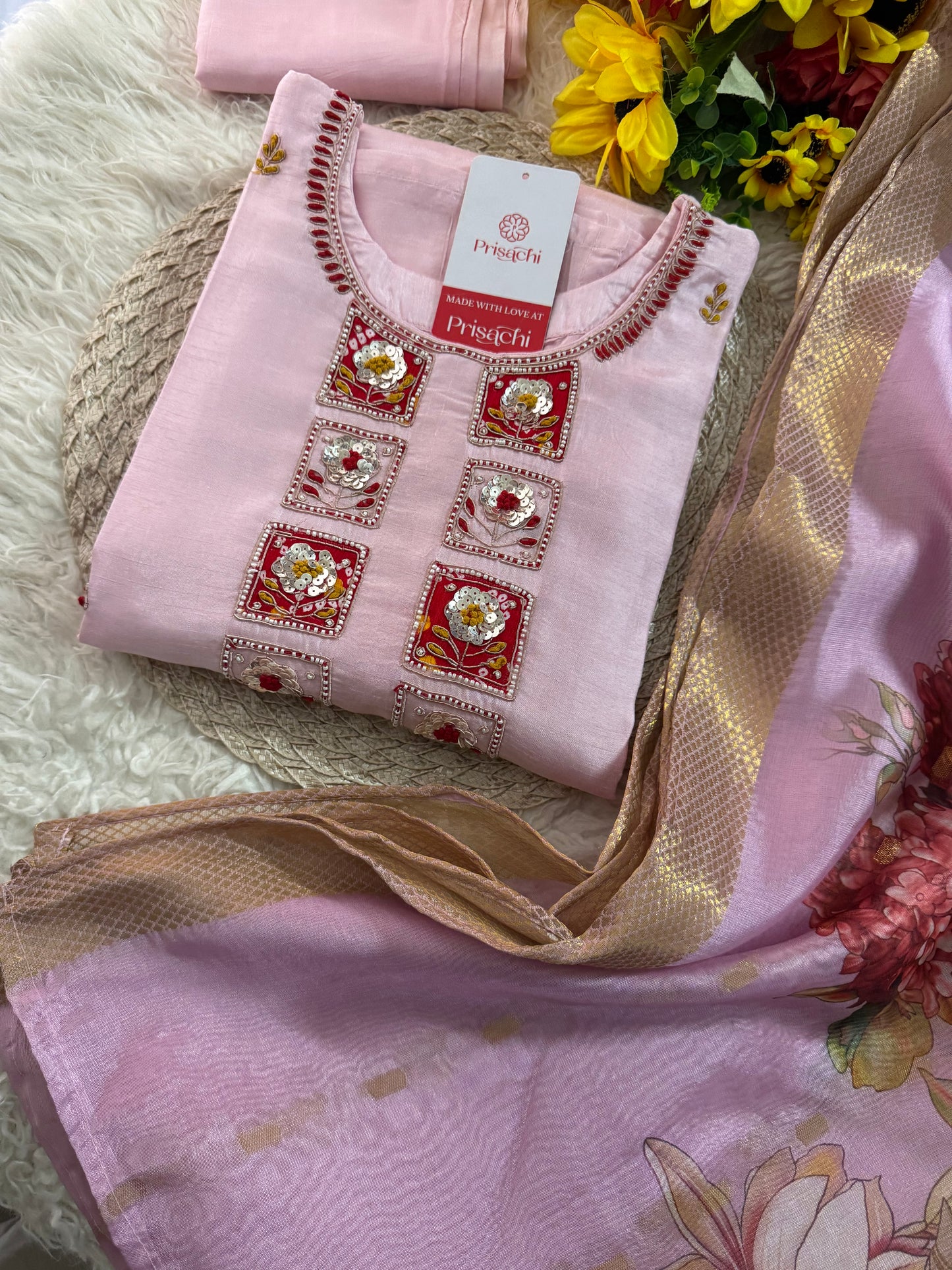 Pink Embroidered kurta set with dupatta
