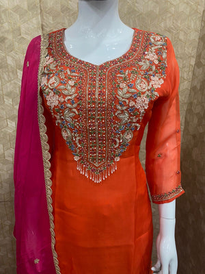 Orange Embroidered Kurta Pant  With Contrast Pink Dupatta