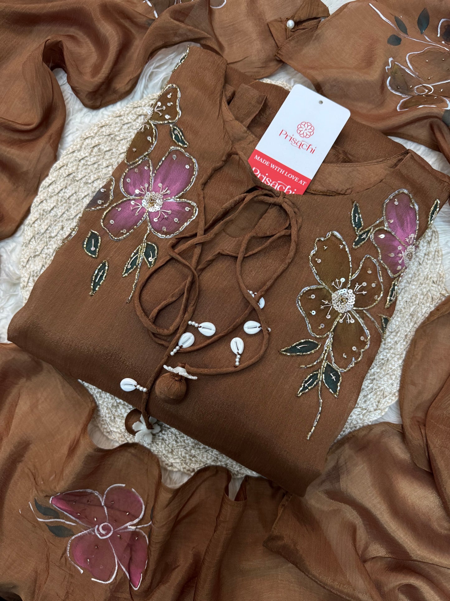 Green hand embroidered A Line kurta pant with dupatta