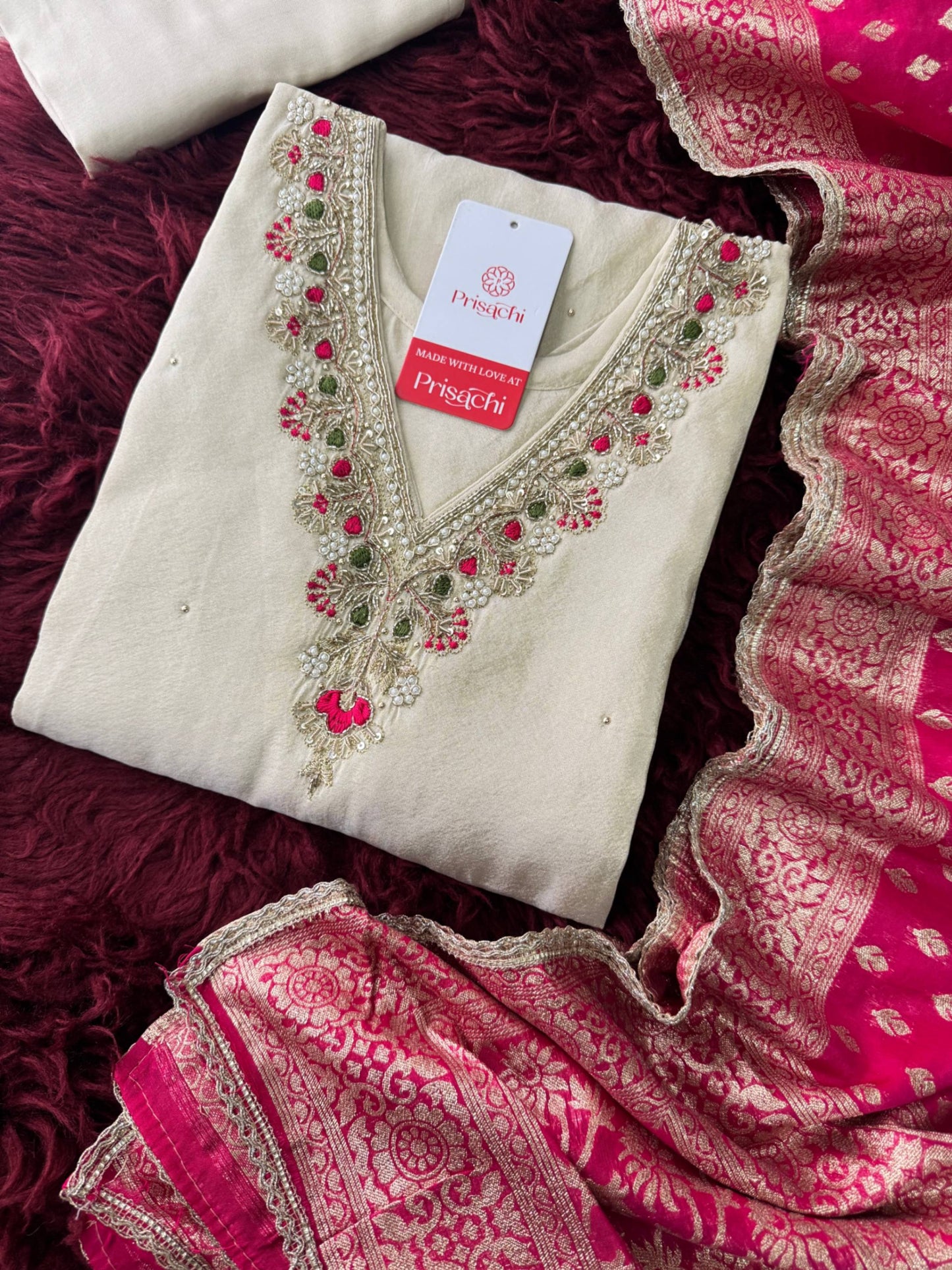 Prisachi Off White Embroidered Kurta Set with Pants And Banarasi Dupatta for Women | Designer Ethnic Suit