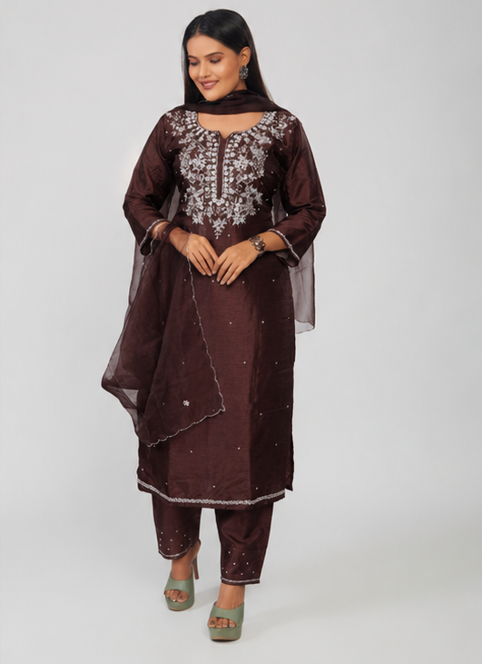 Brown Designer Zardozi Embroidered Kurta Set with Pants & Dupatta| Ethnic Festive Wear