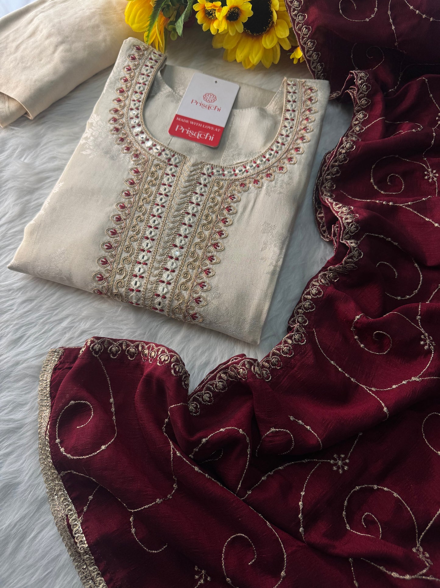 Off White Designer Embroidered Kurta set with dupatta and Pant - Prisachi Official
