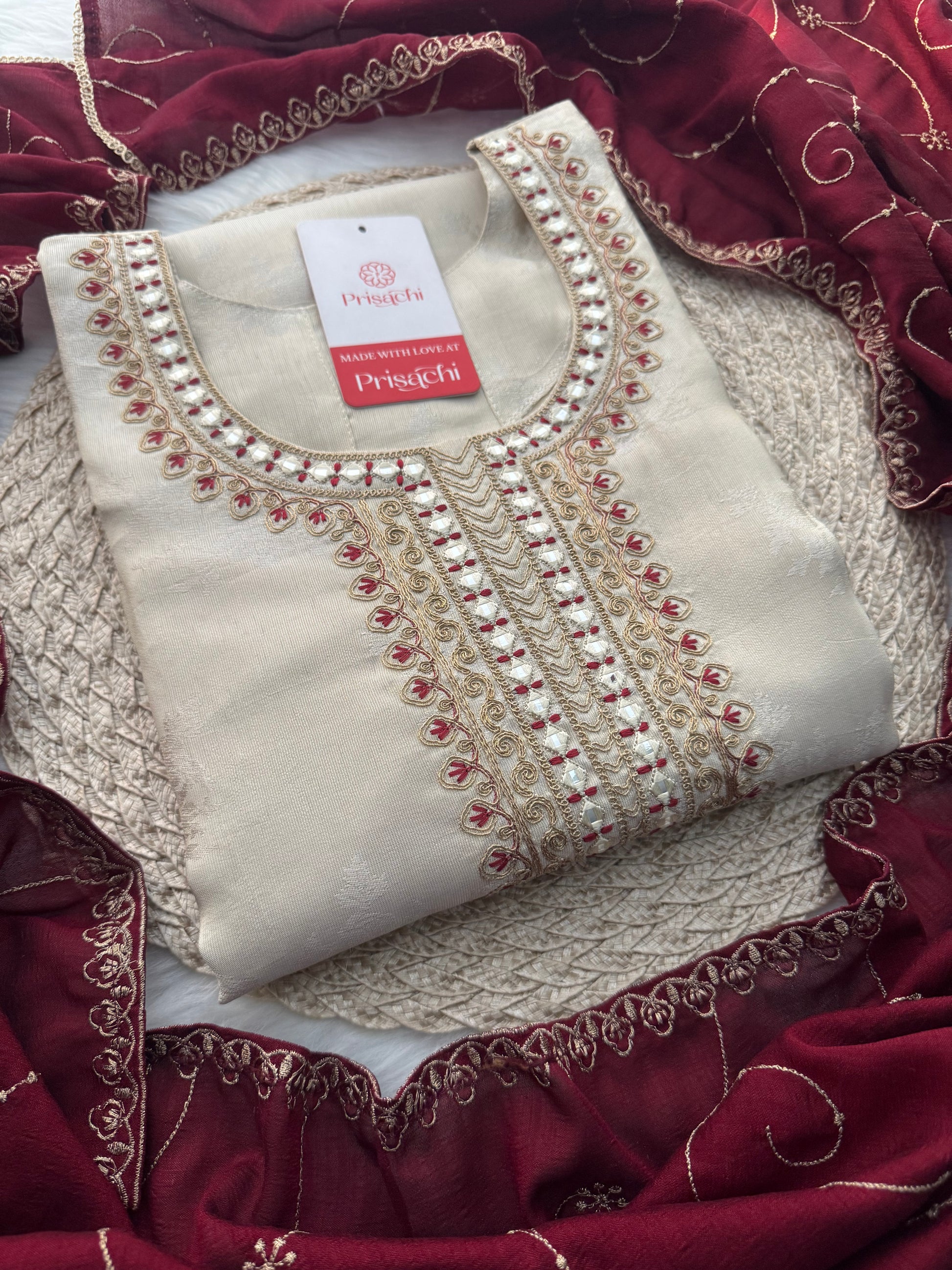 Off White Designer Embroidered Kurta set with dupatta and Pant - Prisachi Official