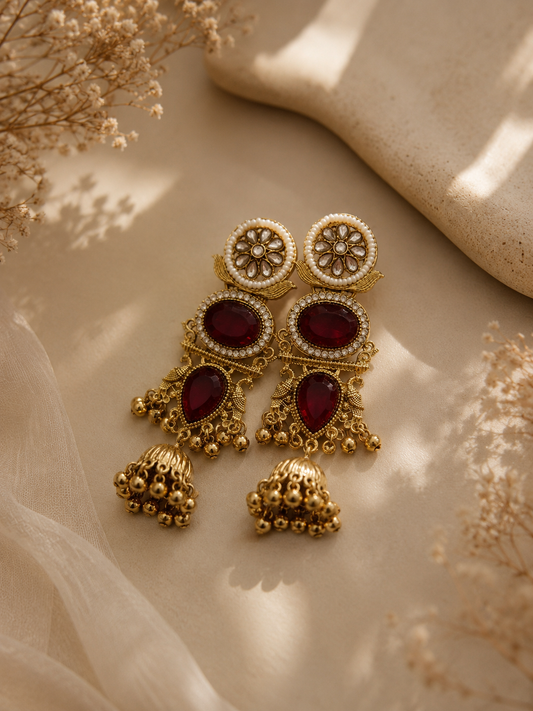 Gold-Plated Ruby Stone Kundan Jhumka Earrings For Women