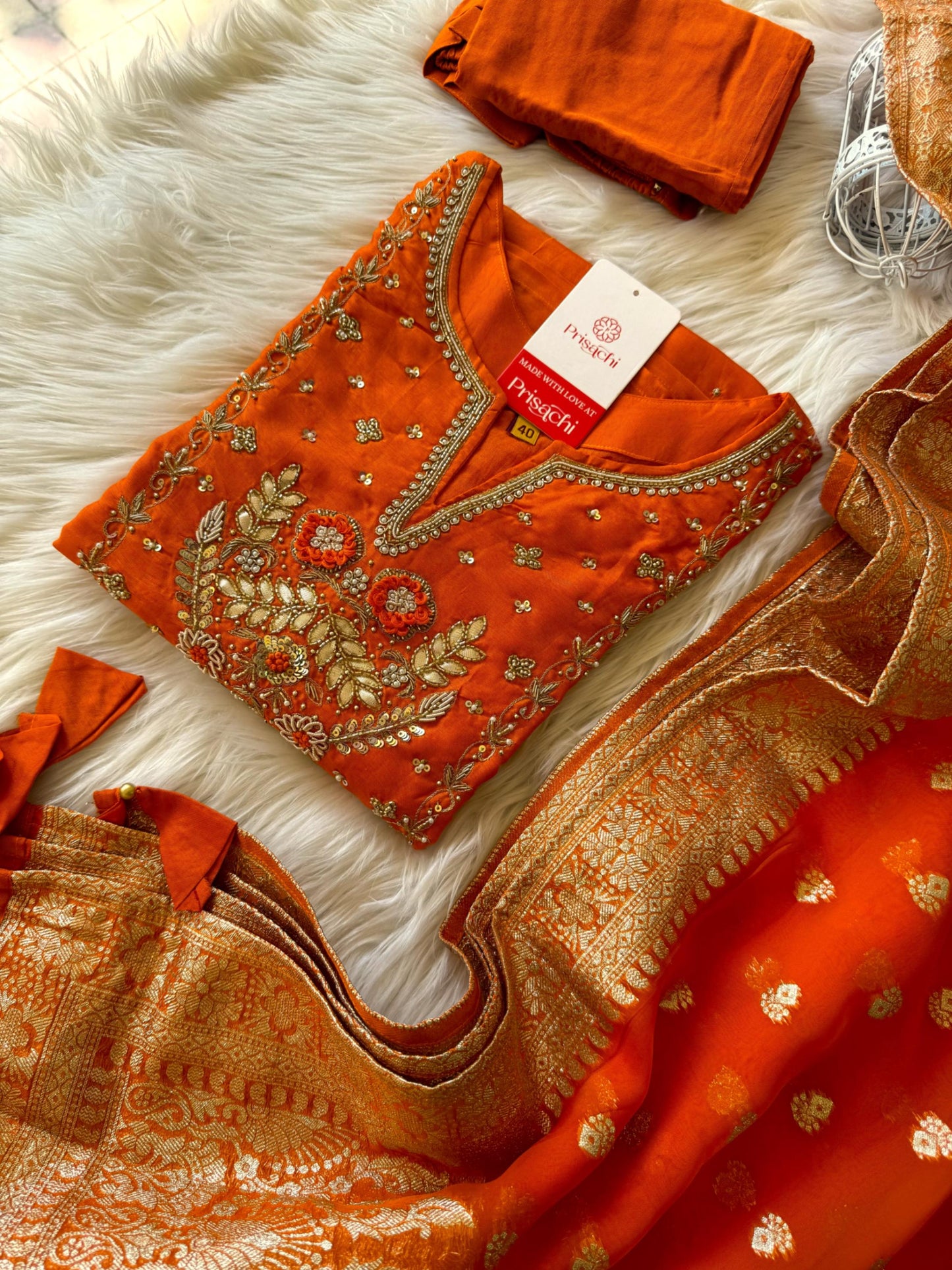 Prisachi Orange Zardozi Embroidered Kurta Pant Set for Women with Banarasi Dupatta | Designer Ethnic Suit