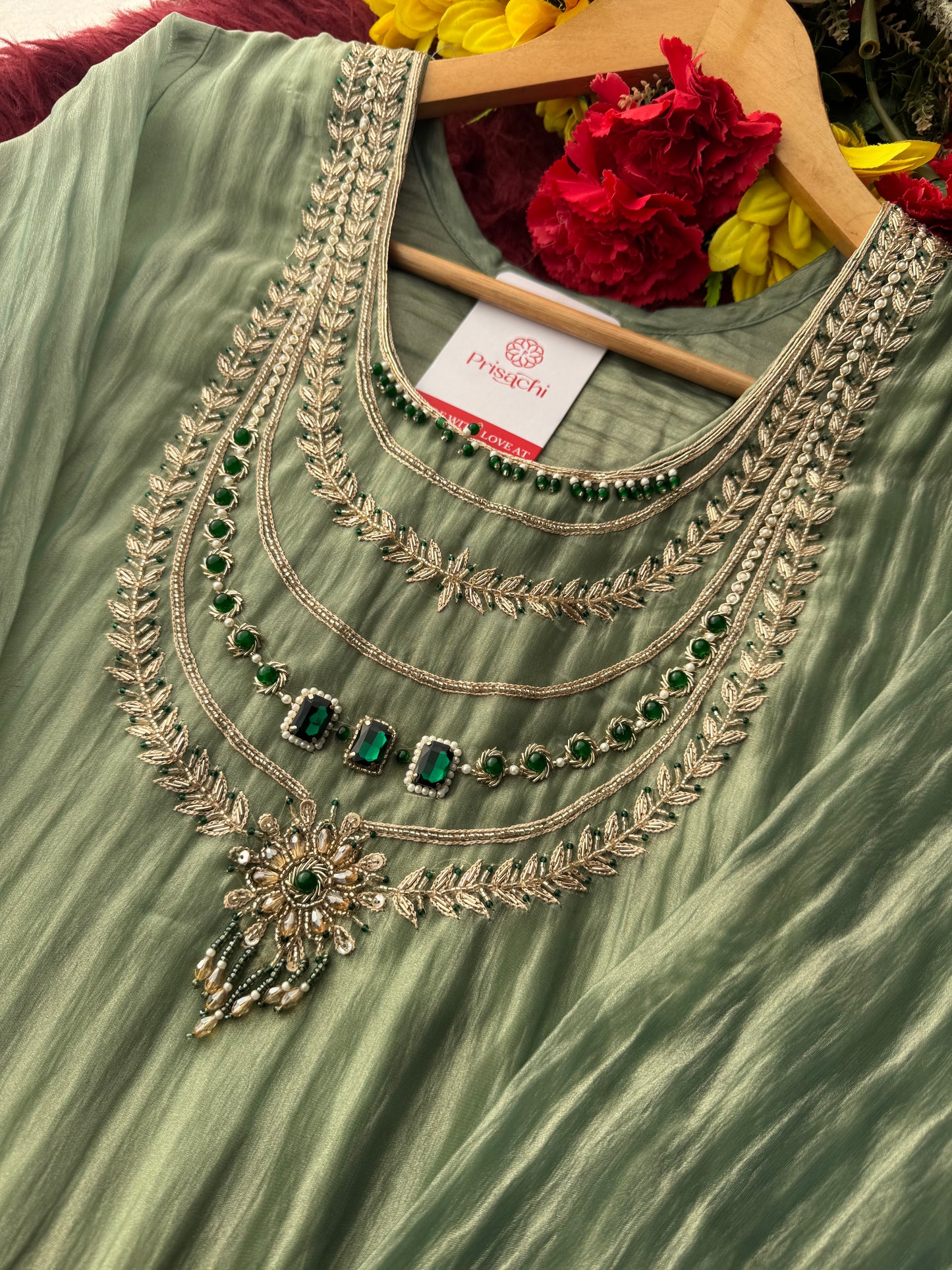 Green embroidered kurta set with dupatta