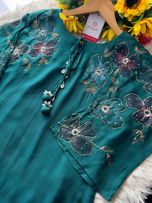 Green hand embroidered A Line kurta pant with dupatta