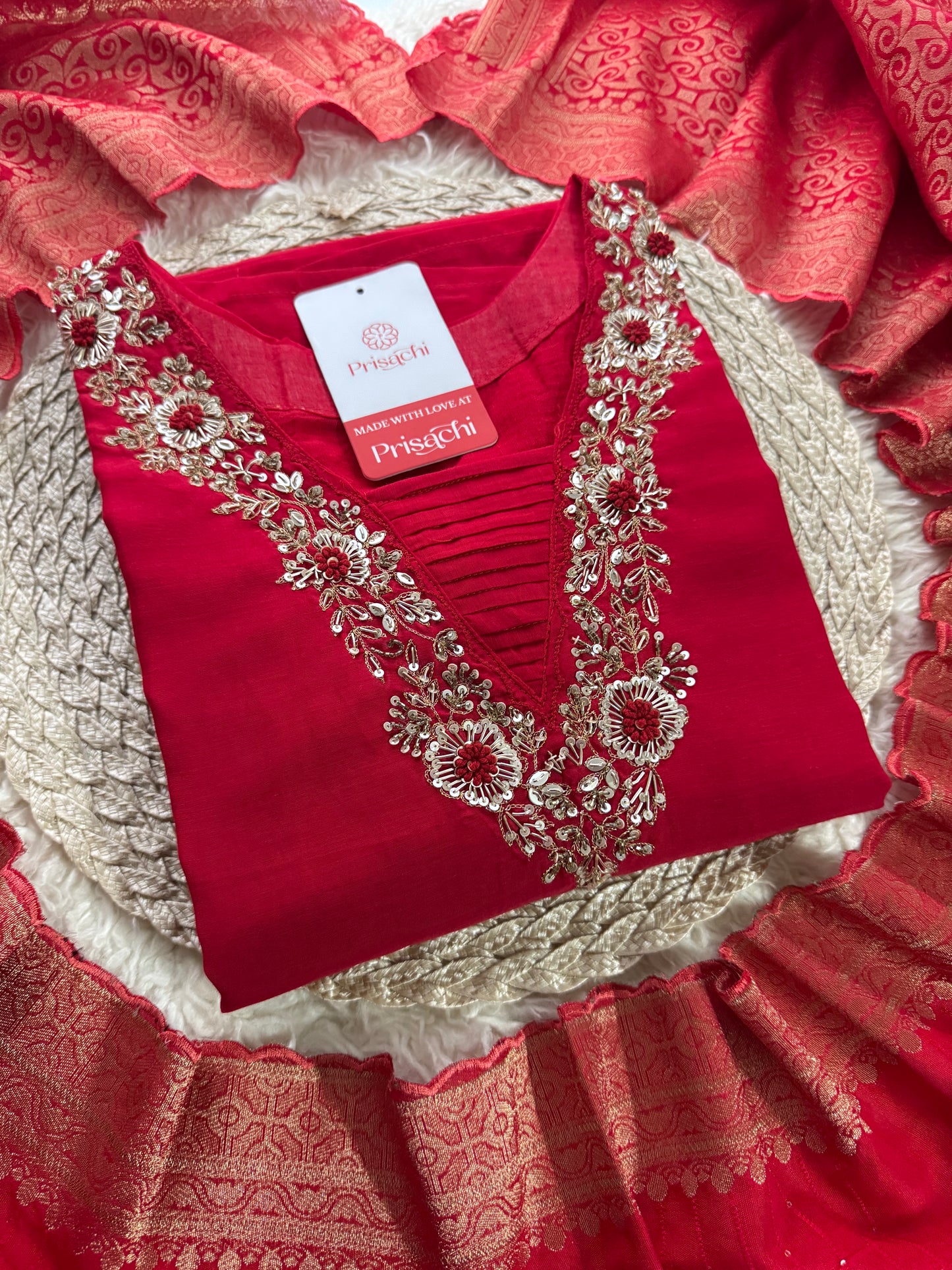 Brown hand embroidered A Line kurta pant with dupatta