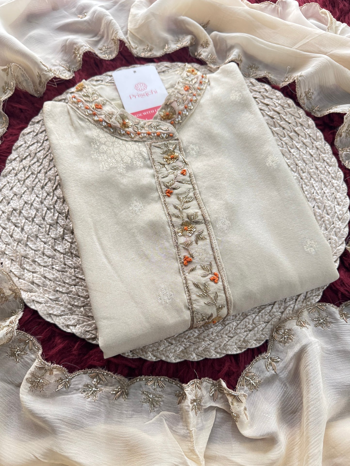 Off White Designer Embroidered Kurta set with dupatta with Pant - Prisachi Official