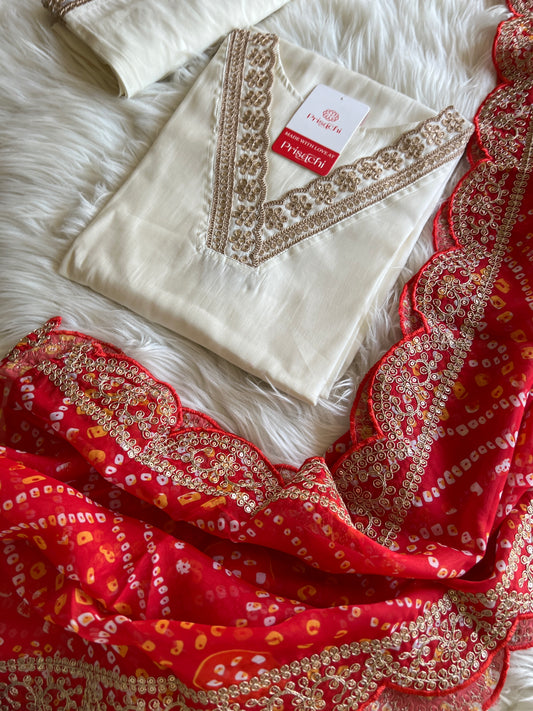 Off White Lilac silk kurta set with Red   bandhani  dupatta