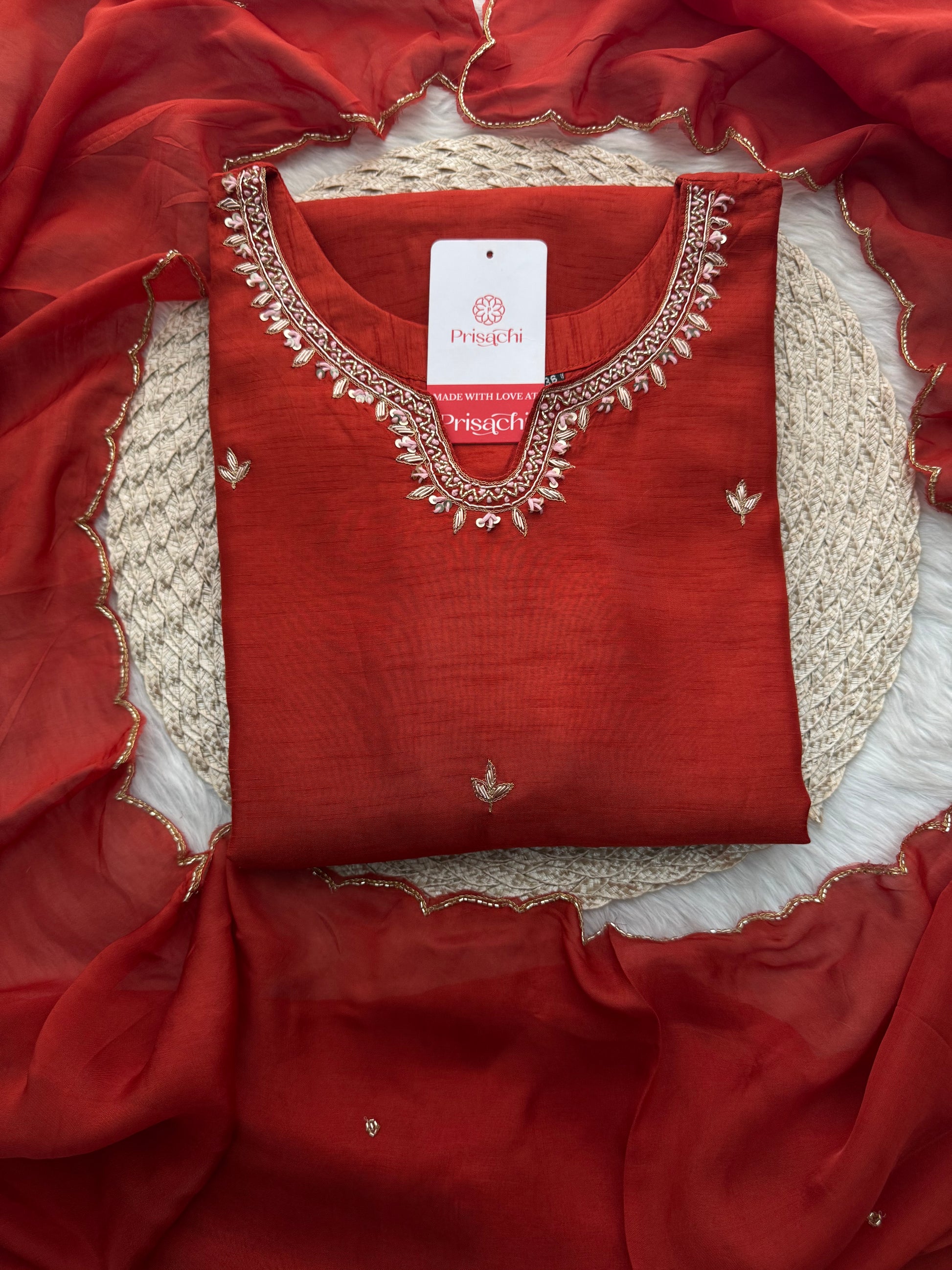 Orange Designer Embroidered Kurta Set with Pants & Dupatta – Ethnic Wear - Prisachi Official