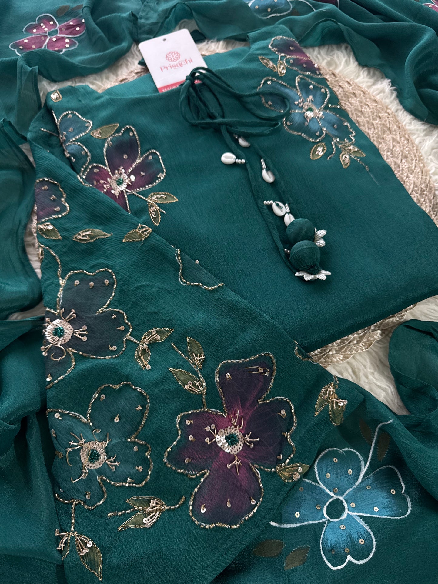 Green hand embroidered A Line kurta pant with dupatta