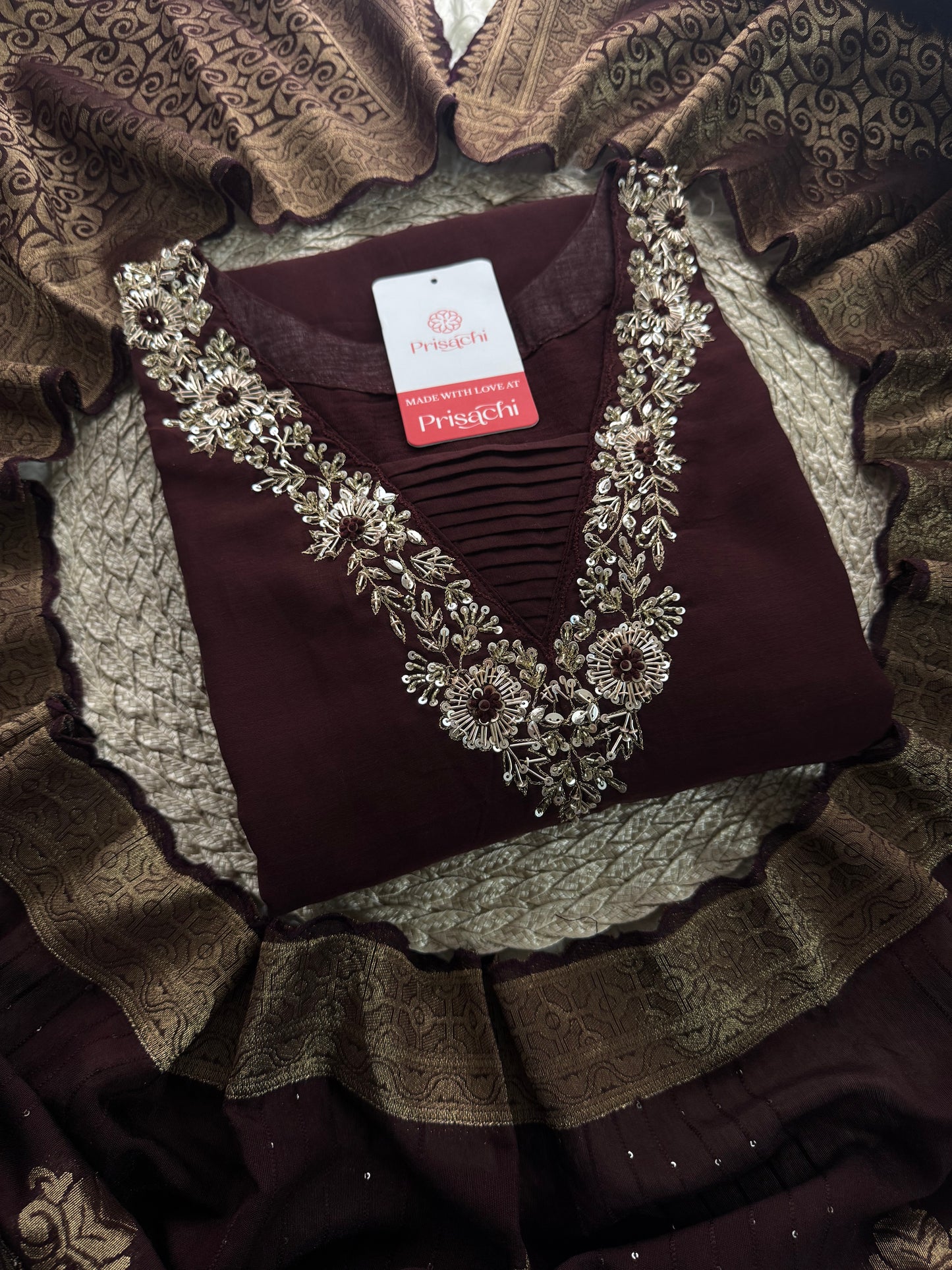 Brown hand embroidered A Line kurta pant with dupatta