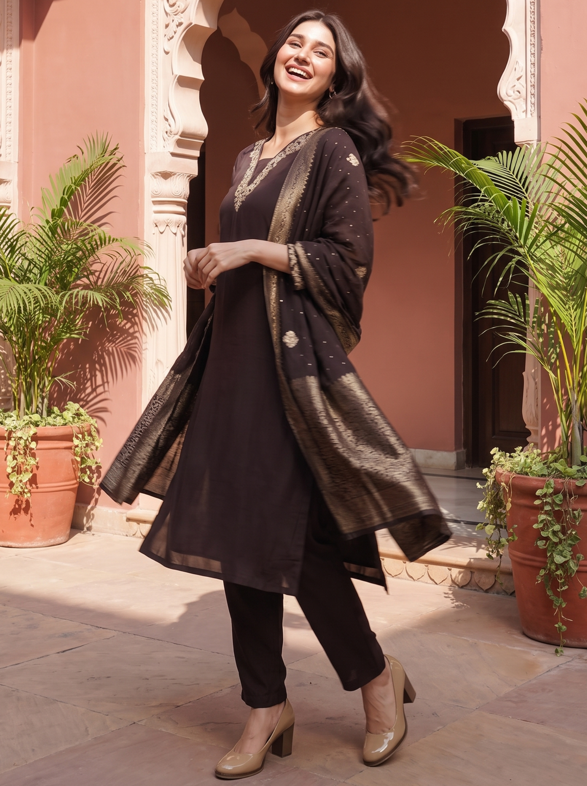 Brown Zardozi Embroidered Kurta Set with Banarasi Dupatta & Pants | Designer Festive Ethnic Suit