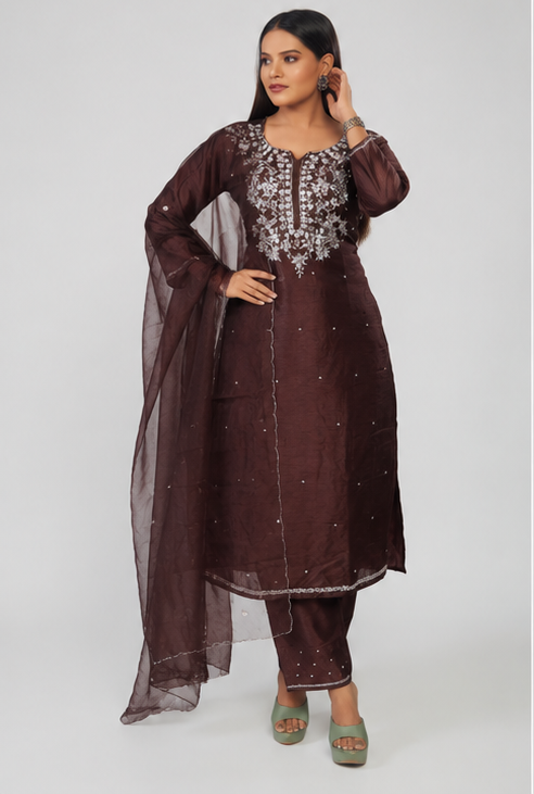 Brown Designer Zardozi Embroidered Kurta Set with Pants & Dupatta| Ethnic Festive Wear