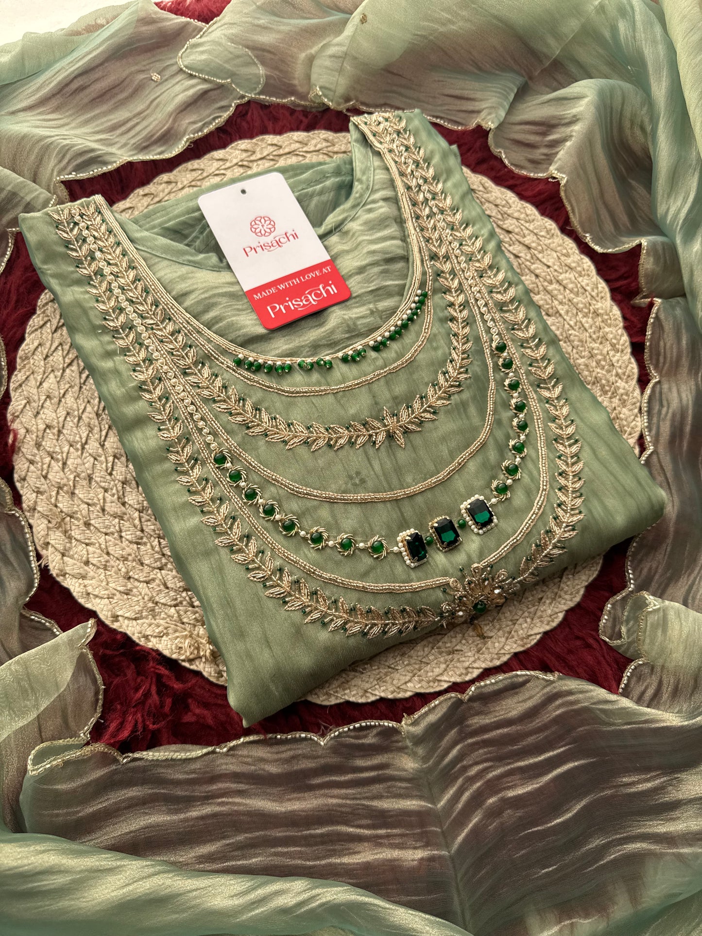 Green embroidered kurta set with dupatta