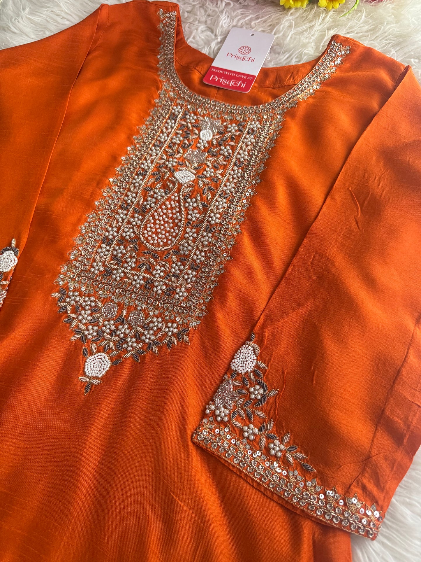 Orange  Designer embroidered kurta set with dupatta