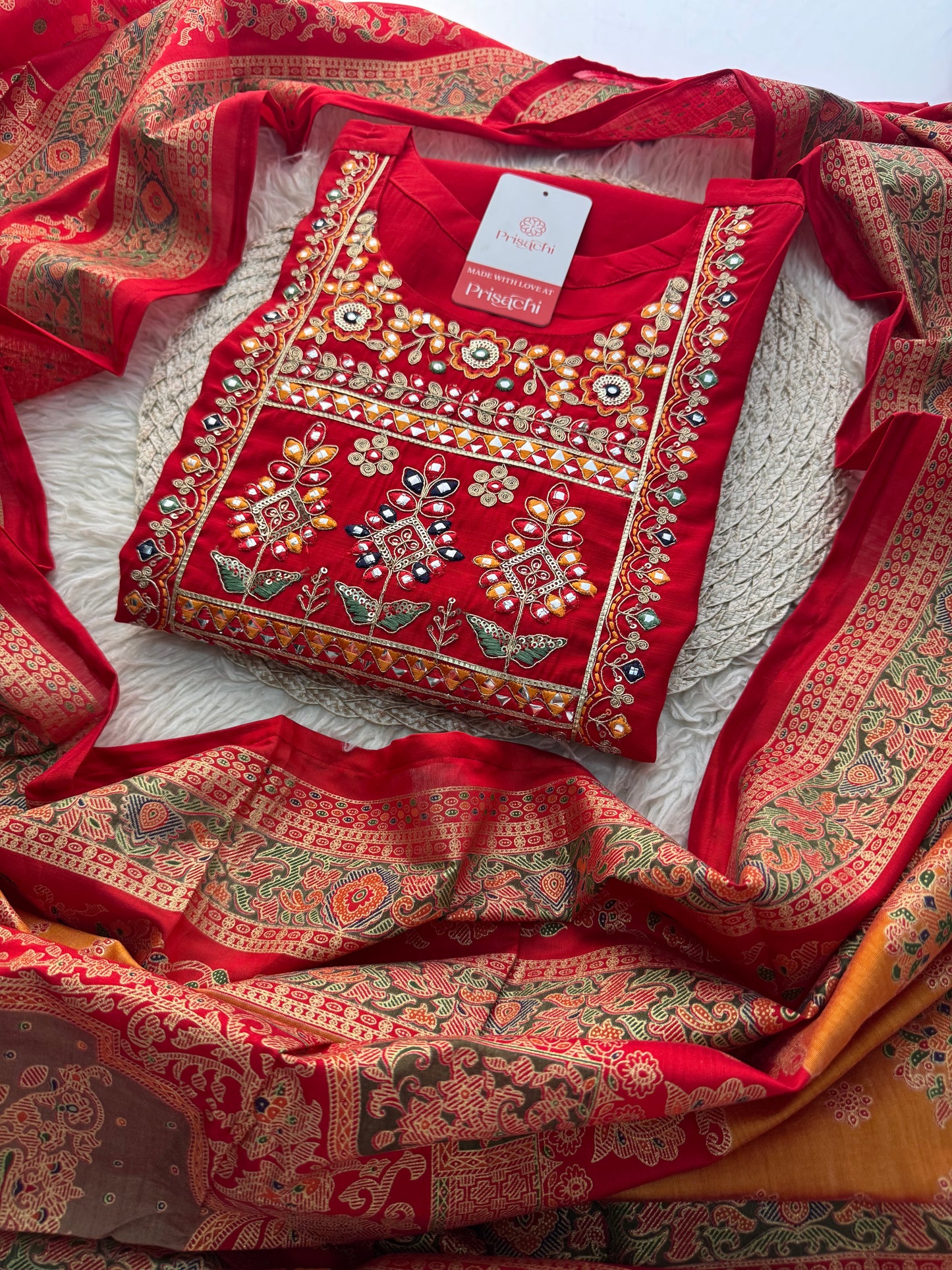 Red embroidered kurta set with dupatta