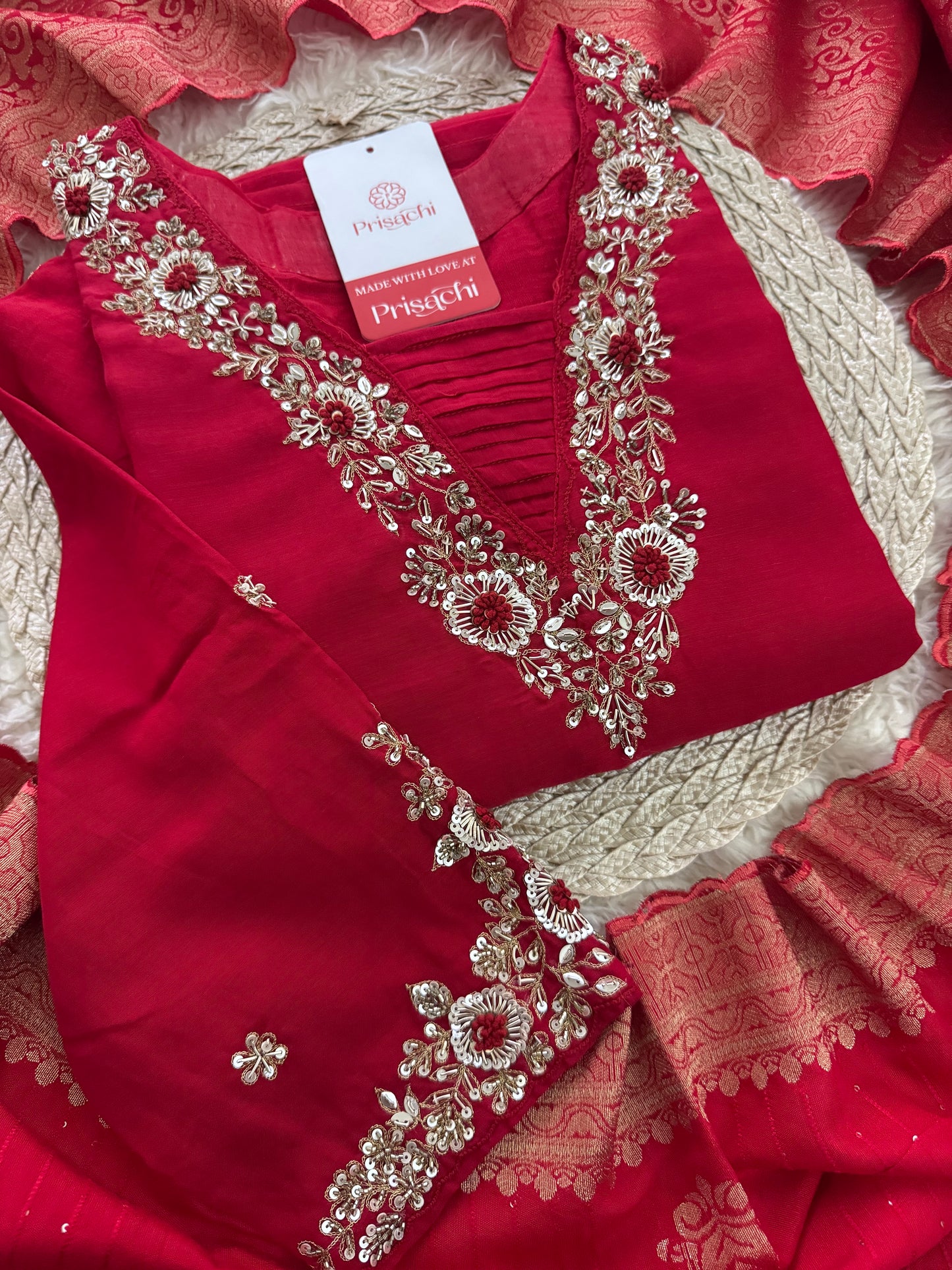 Brown hand embroidered A Line kurta pant with dupatta