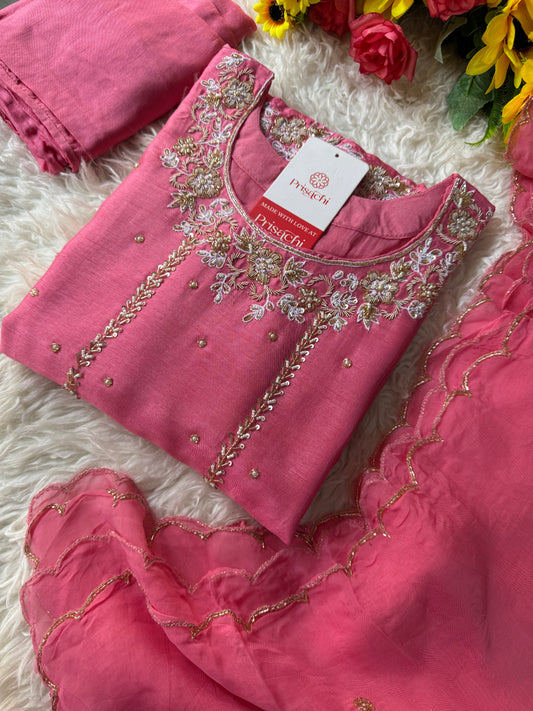 Pink Embroidered kurta bottom with dupatta