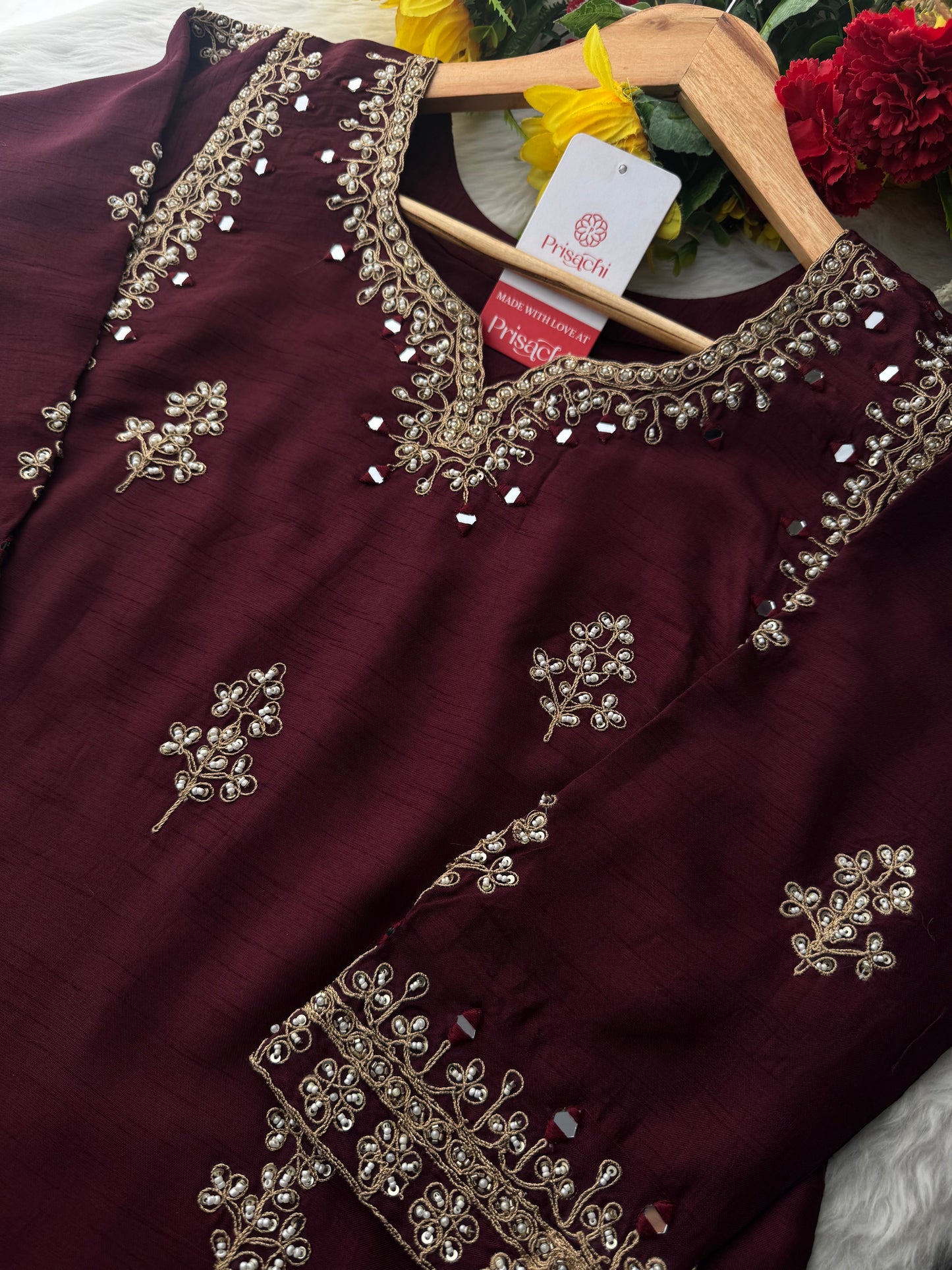 Brown hand embroidered kurta pant with dupatta - Prisachi Official